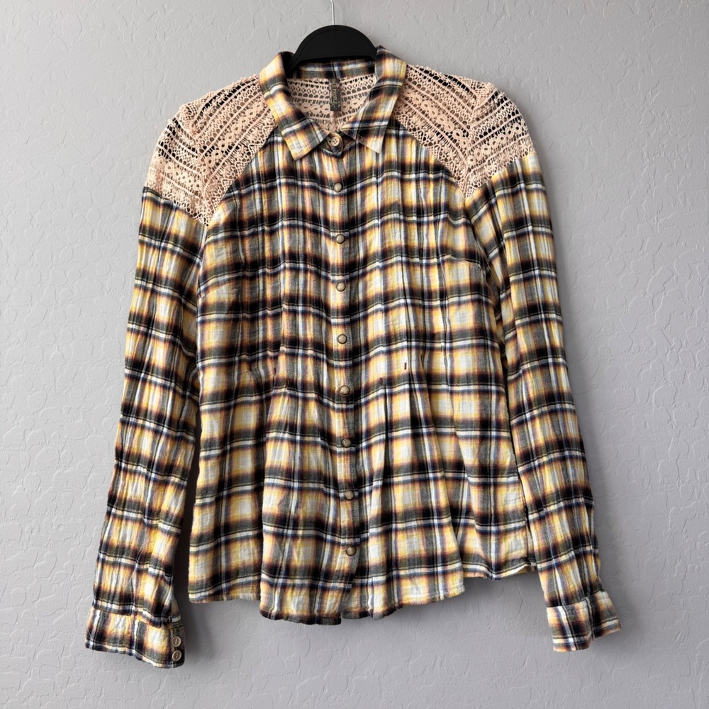Free People Plaid Button-Up Top Crochet Detail Long‎ Sleeve Shirt, Size S